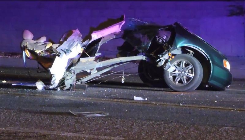 Two teens were killed in a violent crash that set two cars ablaze and sheared one vehicle in half at Ridgecrest Road and Elmwood Drive in Victorville on Friday, Aug. 14, 2026.