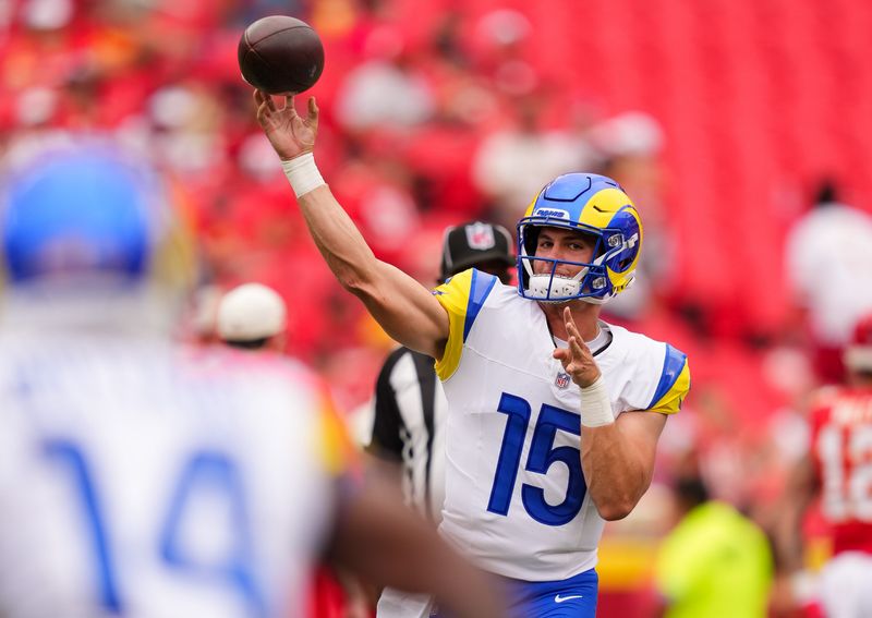 Aug 15, 2026; Kansas City, Missouri, USA; Los Angeles Rams quarterback Ty Simpson (15) warms up prior to a game against the Kansas City Chiefs at at Arrowhead Stadium. Mandatory Credit: Jay Biggerstaff-Imagn Images