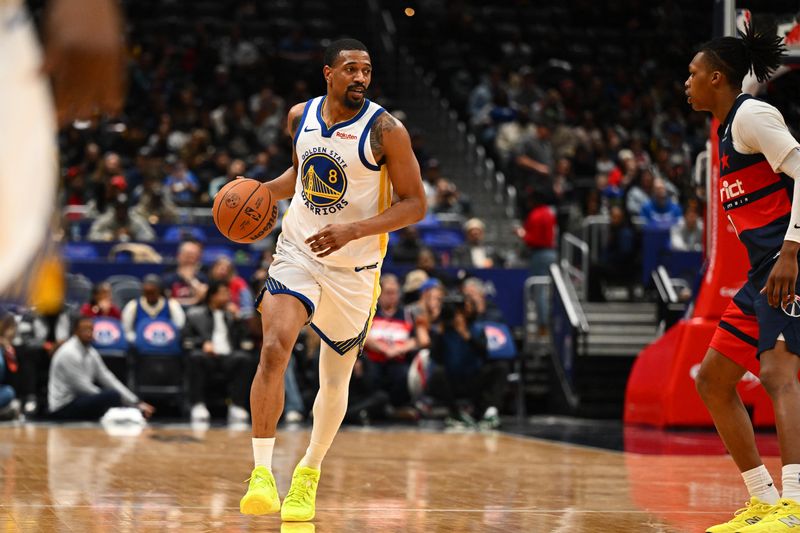 Mar 16, 2026; Washington, District of Columbia, USA; Golden State Warriors guard De'anthony Melton (8) advances the ball against the Washington Wizards during the second half at Capital One Arena. Mandatory Credit: Brad Mills-Imagn Images