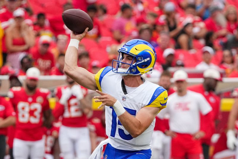Aug 15, 2026; Kansas City, Missouri, USA; Los Angeles Rams quarterback Ty Simpson (15) throws a pass against the Kansas City Chiefs during the second half of the pre season game at Arrowhead Stadium. Mandatory Credit: Denny Medley-Imagn Images