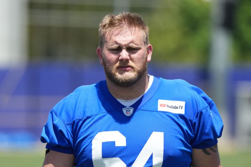 Jun 2, 2026; Woodland Hills, CA, USA; Los Angeles Rams lineman Austin Blaske (64) during organized team activities at Rams Practice Facility. Mandatory Credit: Kirby Lee-Imagn Images