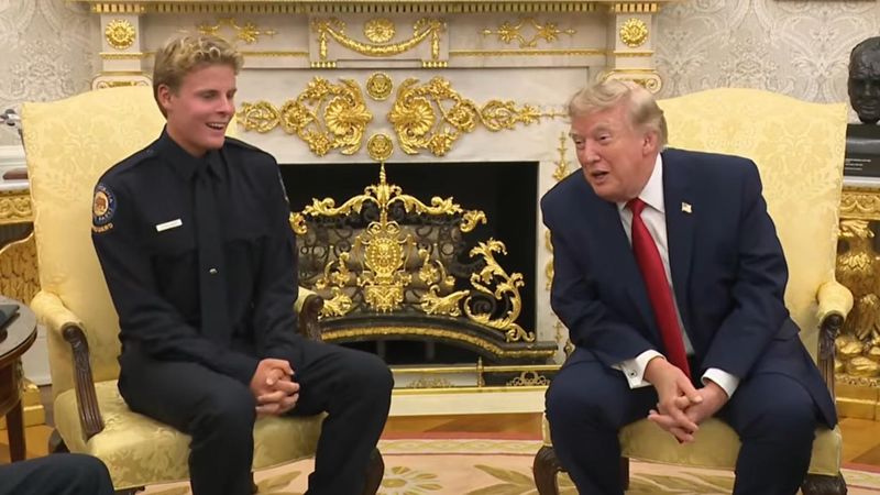 Ryder Williams, 16 meets with President Donald Trump on Aug. 17, 2026. The president invited the teen lifeguard after a video circulated online of Williams saving a 10-year-old on a beach in Santa Cruz, California on July 25, 2026.