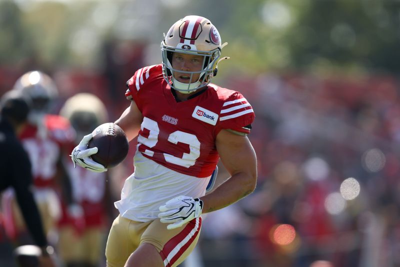 Aug 6, 2026; Santa Clara, CA, USA; San Francisco 49ers running back Christian McCaffrey (23) during training camp at SAP Performance Facility. Mandatory Credit: Sergio Estrada-Imagn Images