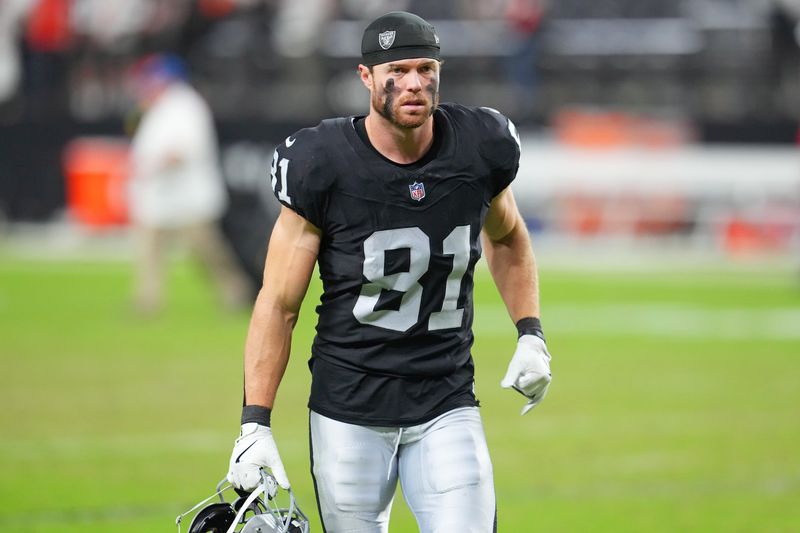Nov 23, 2025; Paradise, Nevada, USA; Las Vegas Raiders wide receiver Alex Bachman (81) walks off the field after the Raiders were defeated by the Cleveland Browns 24-10 at Allegiant Stadium. Mandatory Credit: Stephen R. Sylvanie-Imagn Images