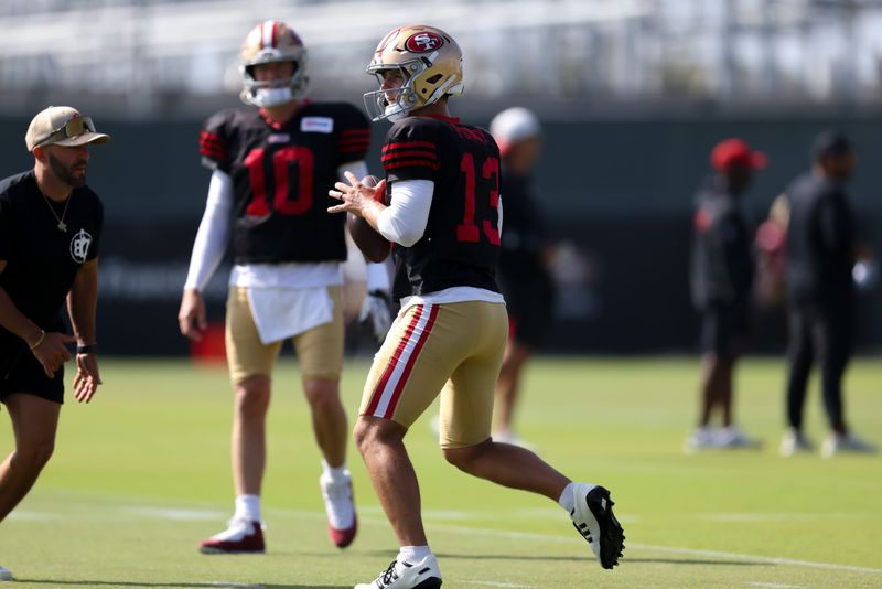Aug 6, 2026; Santa Clara, CA, USA; San Francisco 49ers quarterback Brock Purdy (13) during training camp at SAP Performance Facility. Mandatory Credit: Sergio Estrada-Imagn Images