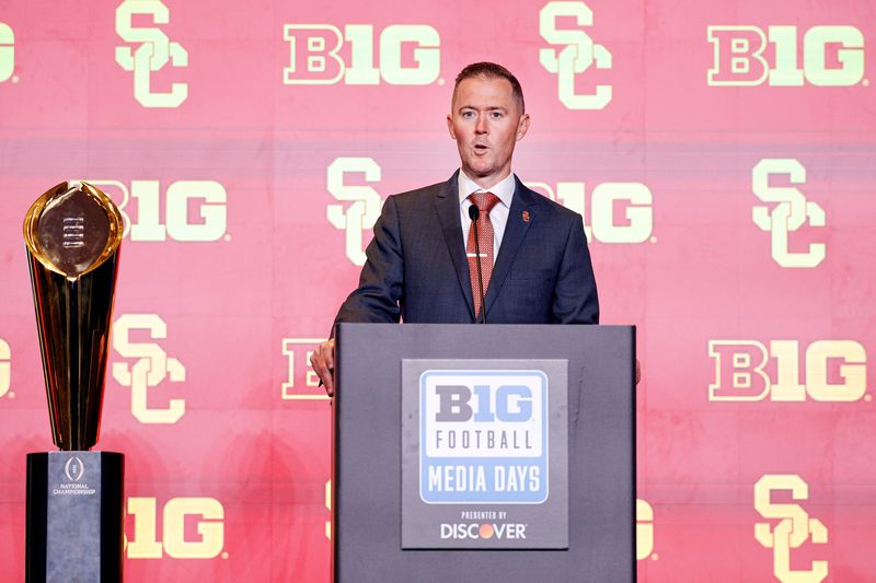 Jul 28, 2026; Chicago, IL, USA; USC Football head coach Lincoln Riley speaks during Media Days at Hilton Chicago. Mandatory Credit: Kamil Krzaczynski-Imagn Images