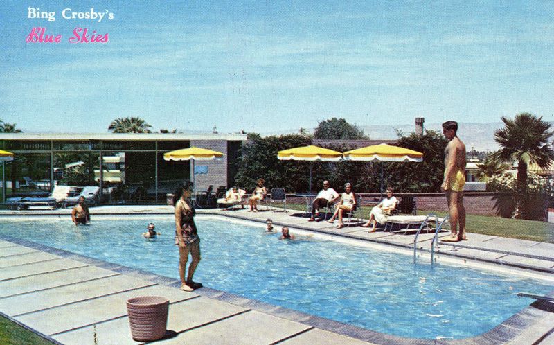 A color postcard of Bing Crosby’s Blue Skies Trailer Village
