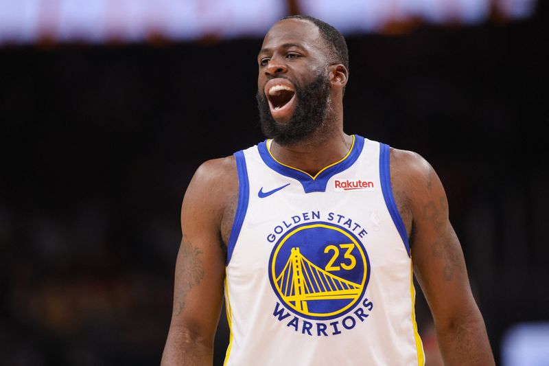 Mar 21, 2026; Atlanta, Georgia, USA; Golden State Warriors forward Draymond Green (23) reacts to a call against the Atlanta Hawks in the second quarter at State Farm Arena. Mandatory Credit: Brett Davis-Imagn Images