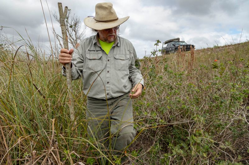 Tom Rahill, founder of the Swamp Apes, an organization that help veterans hunts for pythons along a levee on the eastern edge of the Everglades on the first day of  2020 Python Bowl in western Broward County, Florida on January 10, 2020. 550 hunters have registered for the contest that ends on January 19.