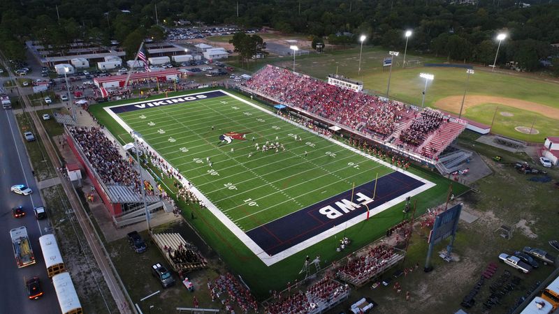 Friday night lights as the Fort Walton Beach Vikings take on the Niceville Eagles at Steve Riggs Stadium in September.