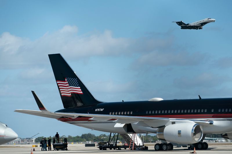 Former president Donald Trump's 757 plane is prepped at West Palm Beach, Florida on March 22, 2023.