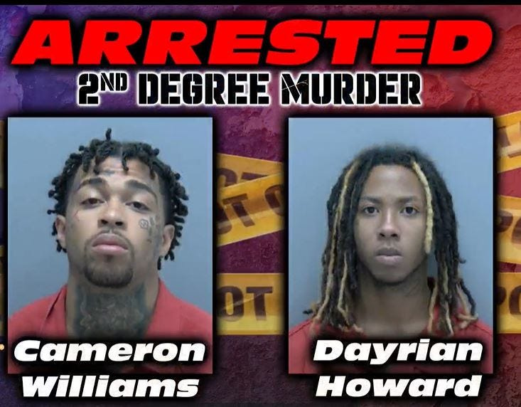 Cameron Williams, 21, and Dayrion Howard, 18,  face second-degree murder charges in the death  Damari Anthony Ali, 21, all of Lehigh Acres, on May 3. Lee County Sheriff Carmine Marceno said the pair set up a drug deal with Ali on May 3, 2023, and killed him, hiding his body in a field.  Ali's body was found May 9, 2023.