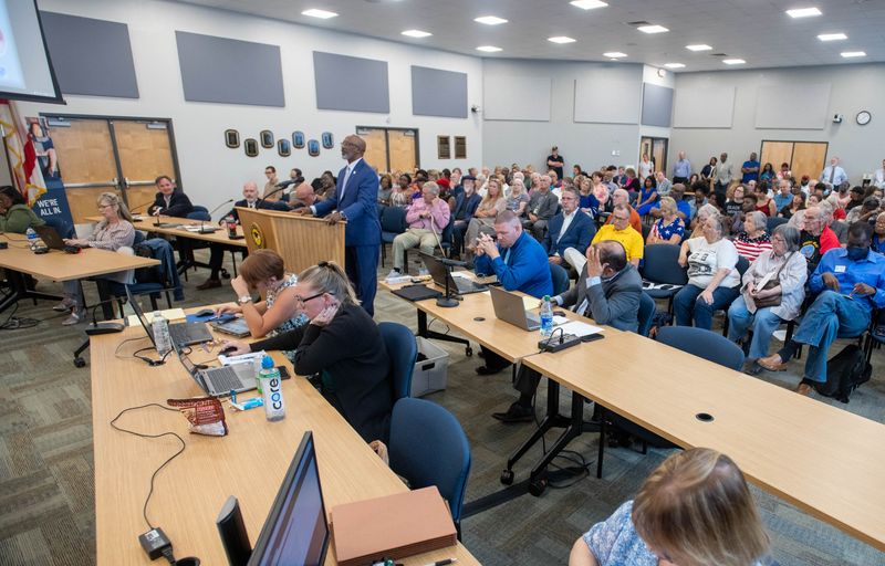 Pastor Isaac Williams speaks during an Escambia County School Board special meeting to appoint an interim superintendent at the J.E. Hall Center in Pensacola on Tuesday, May 30, 2023.