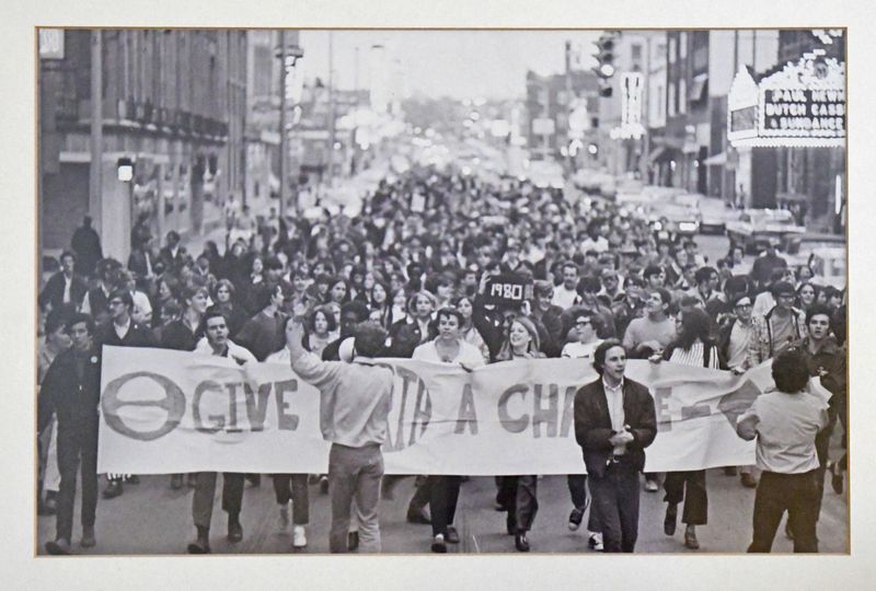 Sherrod Brown (center, back turned to camera) leads the first Earth Day rally in downtown Mansfield in 1970. Photo submitted by Paul McClain