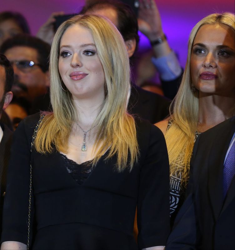 Tiffany Trump, the daughter of Donald Trump, listens as her father, the Republican presidential candidate, speaks to a crowd of supporters after he wins the New York Primary at Trump Towers in Manhattan on April 19, 2016. Vanessa Trump is at right. (Carucha L. Meuse/Journal News)