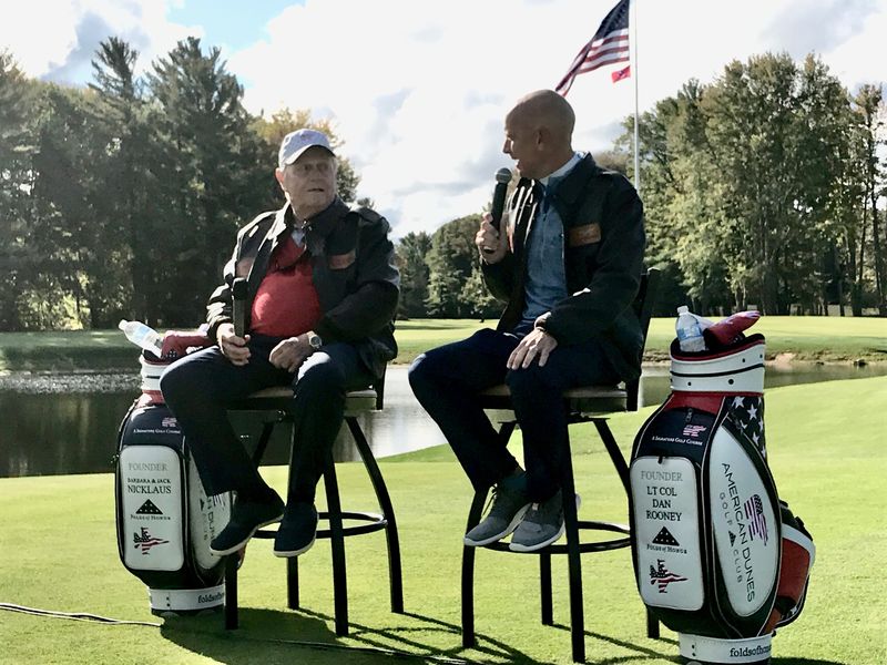 Jack Nicklaus and Air Force Lt. Col. Dan Rooney discuss American Dunes Golf Club, a course in Grand Haven, Mich., Nicklaus redesigned to help the families of fallen military members.