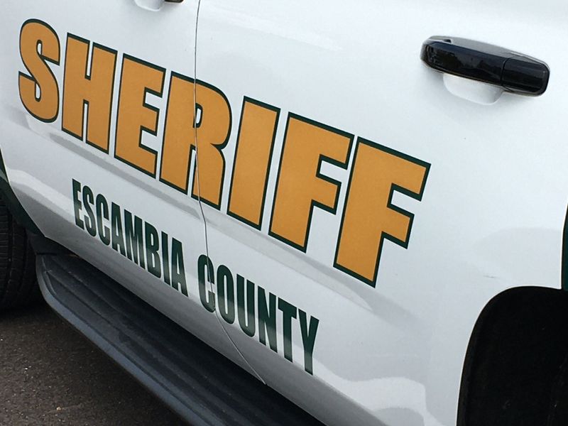An agency emblem on the side of an Escambia County Sheriff's Office cruiser.