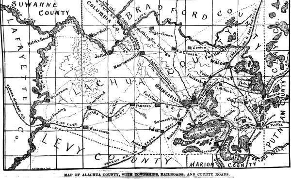 This 1883 map of Alachua County was drawn by Carl Webber of New York and Gainesville, and included in his book "Eden of the South," published in 1883. Only three copies are now extant, so far as known. This map of Alachua County has townships, railroads, and county roads. (State Archives of Florida)