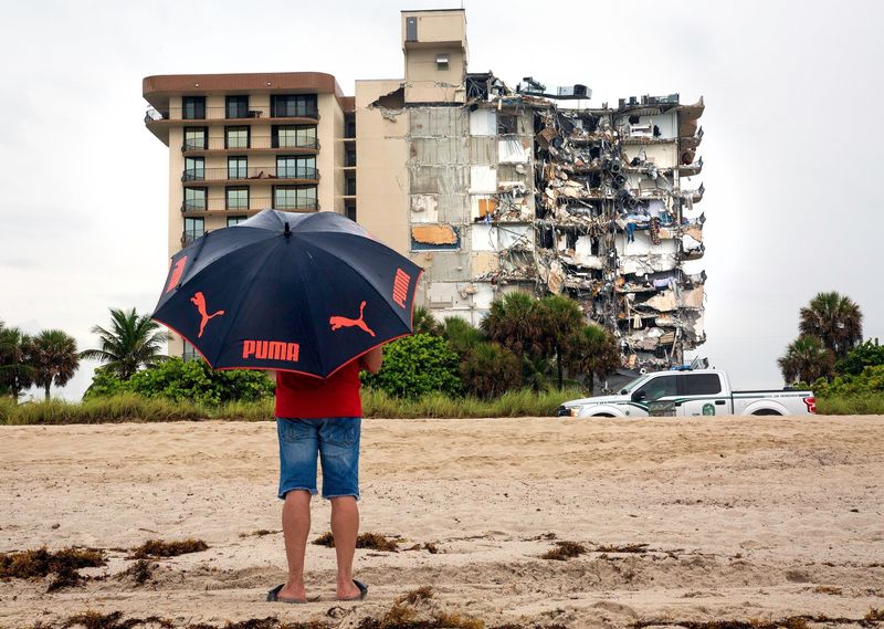 The partially collapsed Champlain Towers South condo in Surfside, Florida Thursday, June 24, 2021. The building partially collapsed at 1:30 a.m. Thursday. (Lannis Waters/The Palm Beach Post/TNS)