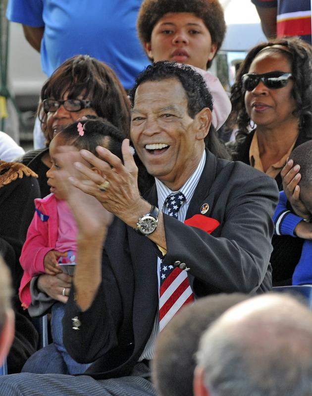 Dick Blake applauds the introduction of his friends during a January 2013 ceremony unveiling a park dedicated in his honor in Rockledge. Blake was a Rockledge city councilman for 40 years and was Cocoa High’s first Black principal.