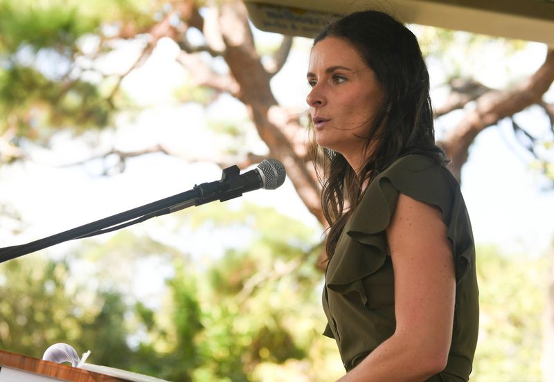 School Board member Jennifer Jenkins addresses the crowd during the Space Coast Women’s March Saturday, Oct. 2,  2021.  Craig Bailey/FLORIDA TODAY via USA TODAY NETWORK