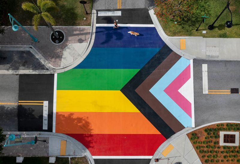 The Pride Intersection on East Ocean Avenue and Southeast First Street is now painted in rainbow colors, a design based on the pride flag in downtown Boynton Beach, Florida on June 8, 2021. GREG LOVETT/PALM BEACH POST