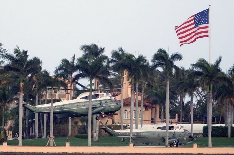 Two U.S. Marine Corps helicopters take off from Mar-a-Lago in Palm Beach on Feb. 18, 2019.