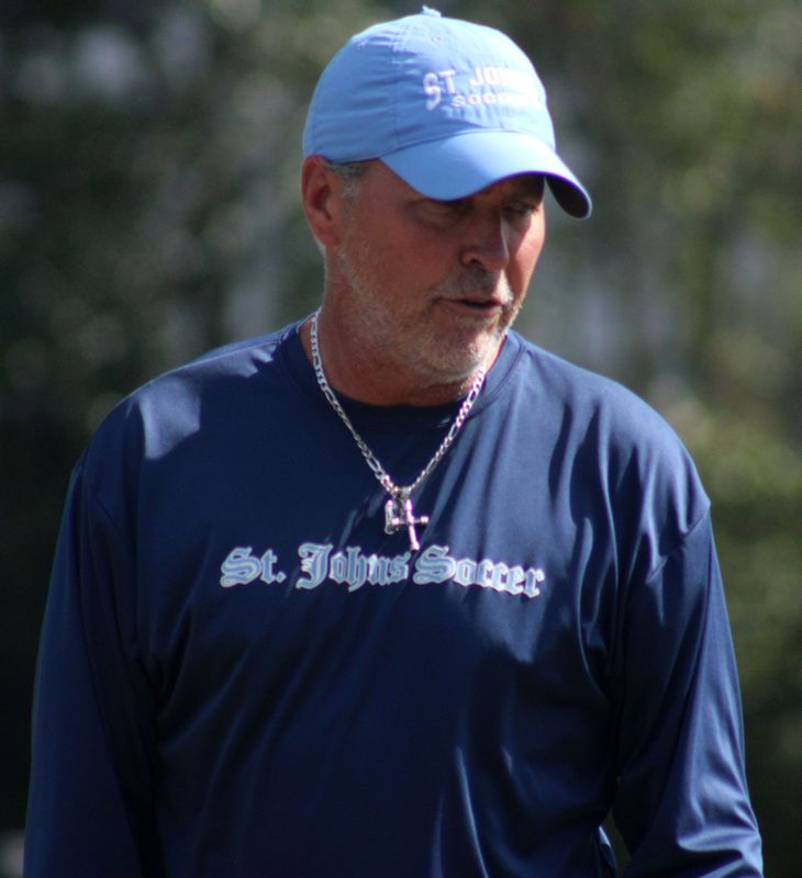 St. Johns Country Day coach Mike Pickett looks on during a high school girls soccer practice on February 21, 2022. [Clayton Freeman/Florida Times-Union]