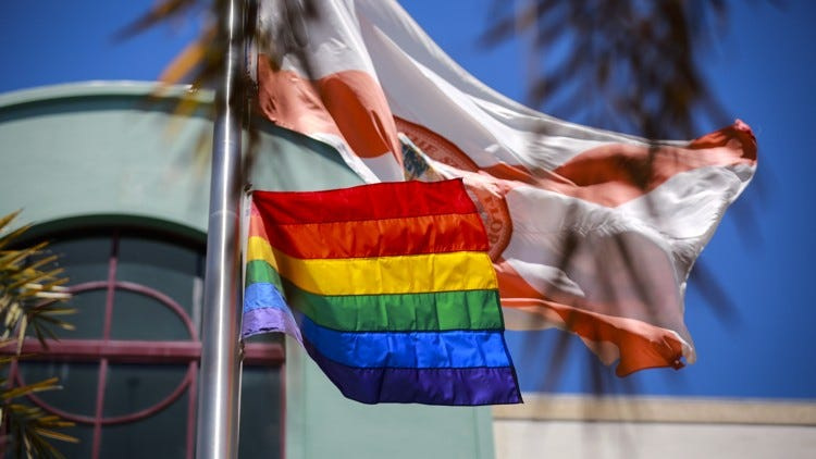 The rainbow flag, the banner of the Pride movement, flew above West Palm Beach’s city hall in June 2017. (Bruce R. Bennett / The Palm Beach Post)