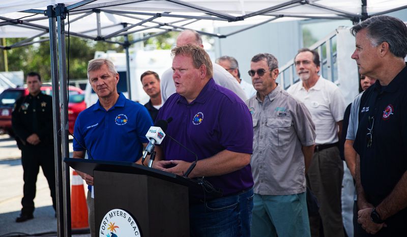 Dan Allers, the mayor of Fort Myers Beach speaks at a press conference on Monday, Aug. 28, 2023. He was addressing concerns related to Tropical Storm Idalia, which is approaching Florida and is expected to turn into a hurricane.