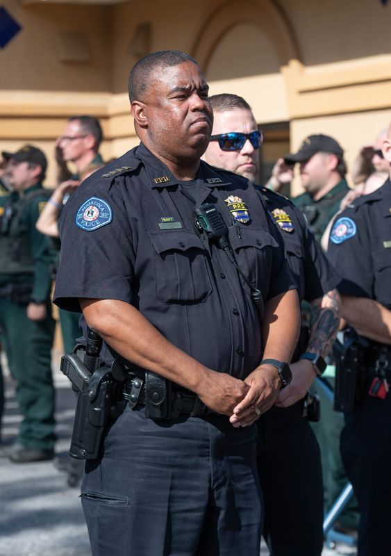 Pensacola Police Department Chief Eric Randall looks on as the body of K-9 Cino is escorted from the Veterinary Emergency Referral Center in Pensacola on Monday, Nov. 6, 2023. Cino passed away on Saturday, Nov. 4th from an unforeseen medical emergency while on duty.