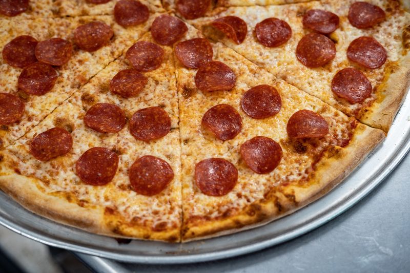 A pepperoni New York style pizza from Favilla's.