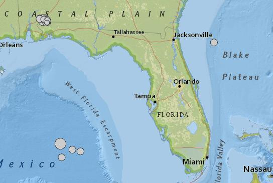 Earthquakes reported in and off Florida.