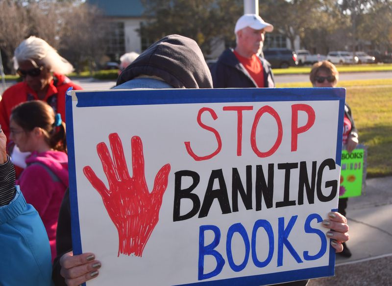 A rally against book banning organized by Brevard Students for Change was held before a packed February 2024 school board meeting.