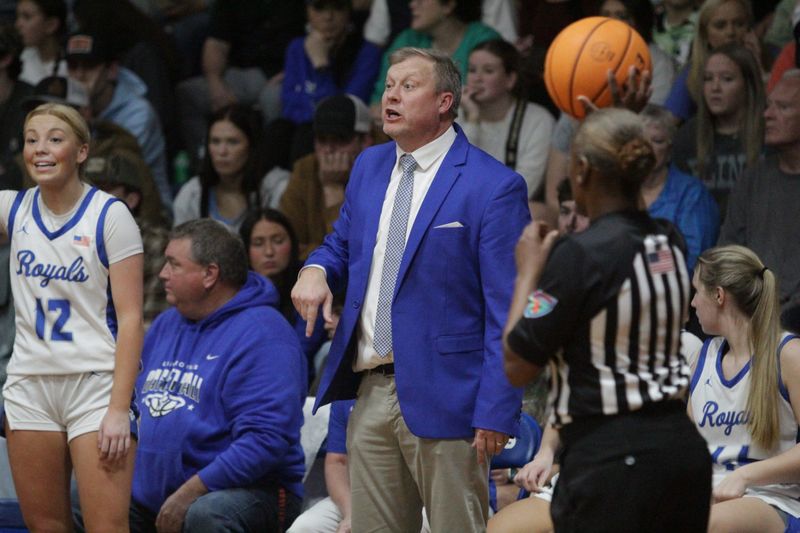Jay girls basketball head coach Jorey Diamond shouts to his players during the District 1-1A girls basketball championship game on Friday, Feb. 9, 2024, in Jay.