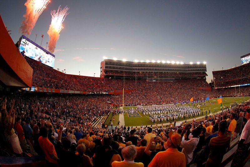 Oct 18, 2014; Gainesville, FL, USA; A general view of Ben Hill Griffin Stadium as the Florida Gators run out of the tunnel prior to their game against the Missouri Tigers at Ben Hill Griffin Stadium. Mandatory Credit: Kim Klement-USA TODAY Sports