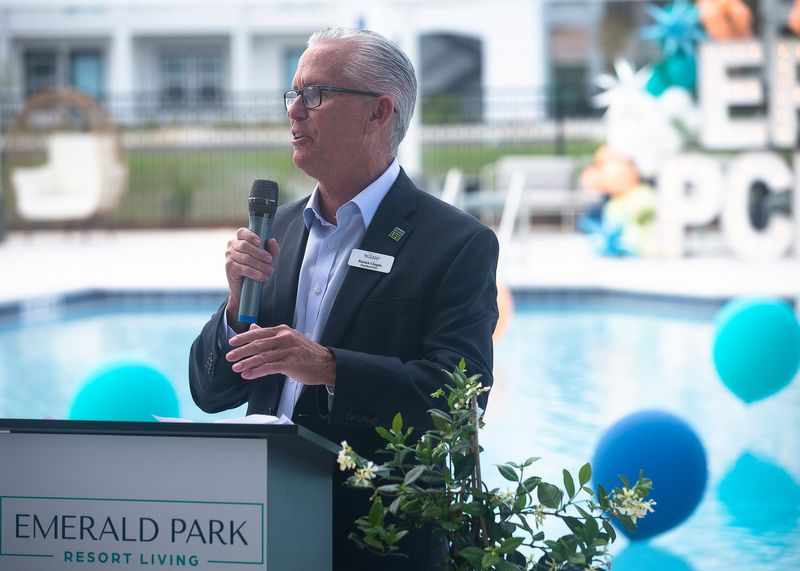 Patrick Chapin, president and chief executive officer of the Bay County Chamber of Commerce, speaks during the Emerald Park luxury apartment community ribbon cutting ceremony in Panama City Beach, Fla., April 18, 2024. (Tyler Orsburn/News Herald)