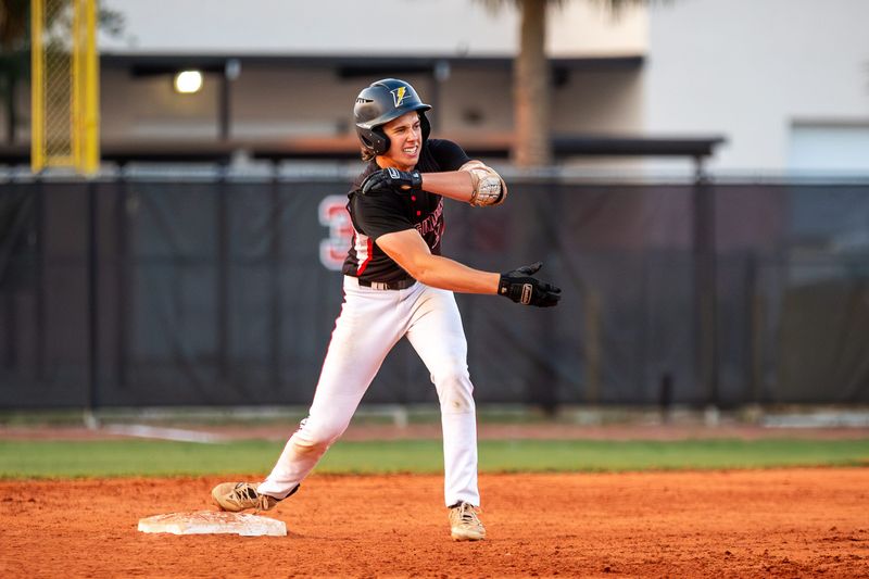 Vero Beach's Caleb Wood (2) celebrates hitting a stand-up double in a high school baseball Region 3-7A semifinal against Wellington on Friday, May 10, 2024, at Vero Beach High School.