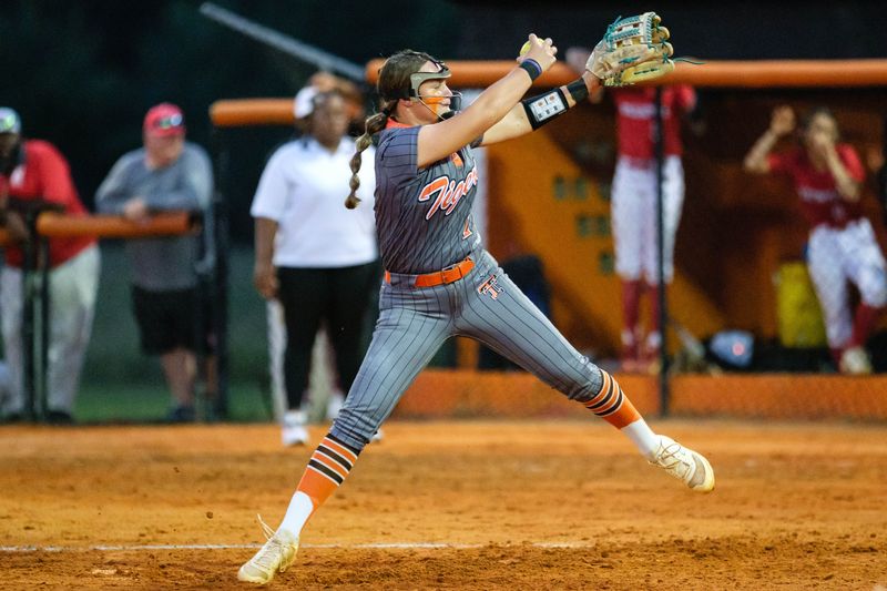 Trenton Tigers Addison Allaire (2) pitches the ball during the Class 1A-Region Final softball game between Trenton High School and Williston High School at Trenton High School in Trenton, FL on Tuesday, May 14, 2024. [Chris Watkins/Gainesville Sun]