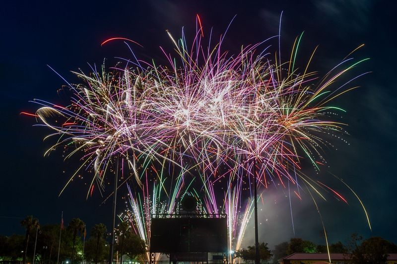 Fireworks blast above a Jacksonville Jumbo Shrimp game. The club won the International League first-half championship on June 21.