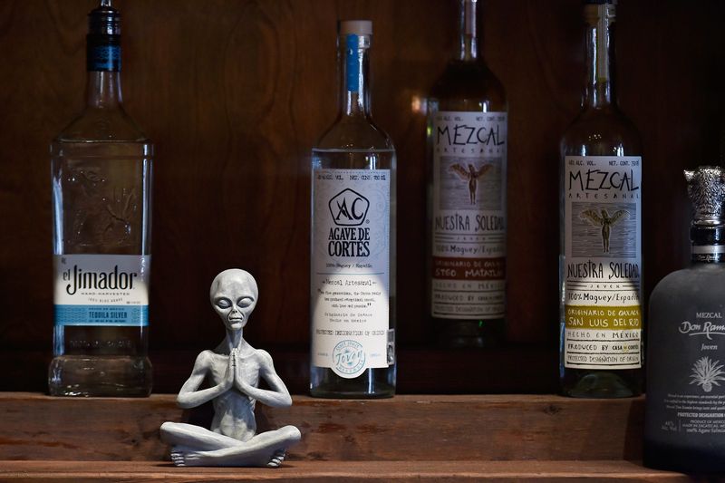 A small alien statue sits on the shelf with tequila and mezcal offerings at the bar of the Alien Taco & Tequila Bar in Jacksonville.