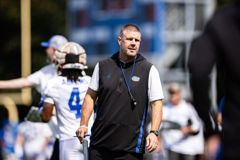 Florida Gators head coach Billy Napier looks on during fall football practice at Heavener Football Complex at the University of Florida in Gainesville, FL on Wednesday, July 31, 2024. [Matt Pendleton/Gainesville Sun]