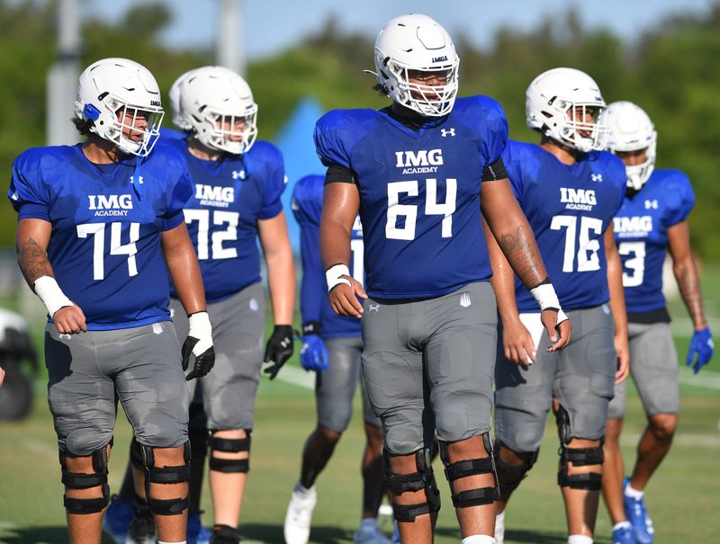IMG Academy National team offensive linemen during practice on Friday, Aug. 2, 2024 on IMG Academy Football Media Day in Bradenton, Florida.