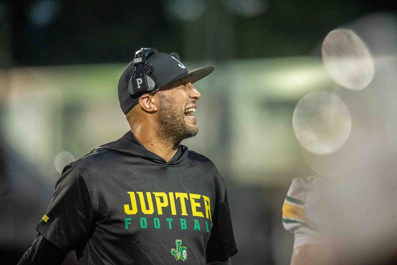 Jupiter football head coach Jason Kradman on the sidelines for a Dwyer-Jupiter game on August 23, 2024, in Palm Beach Gardens, Fla. The Panthers were bested by the Warriors 27-0 in the rivalry of Military Trail schools in northern Palm Beach County.