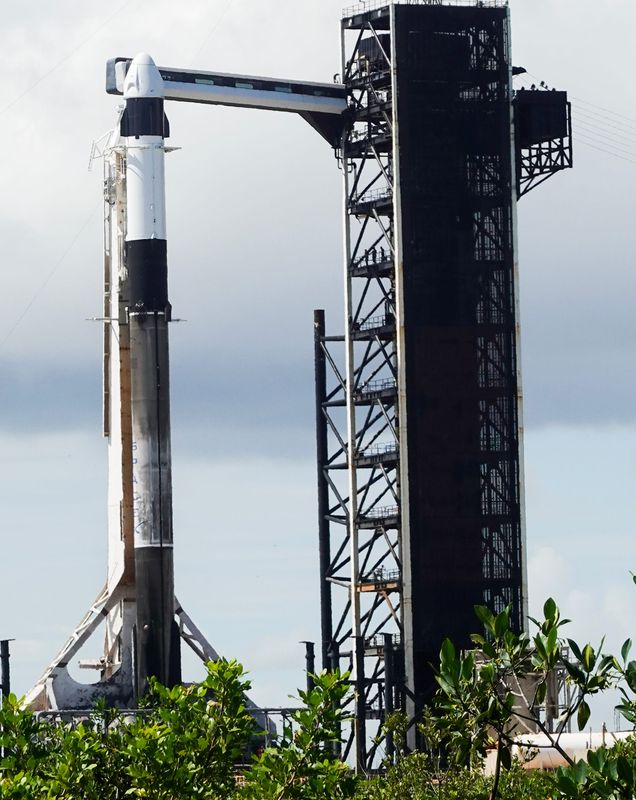 A SpaceX Falcon 9 rocket is prepped for launch on pad 39A at Kennedy Space Center, FL, Monday, August 26, 2024. The rocket is scheduled to lift off early Tuesday morning carry the private astronauts of the Polaris Dawn mission. Craig Bailey/FLORIDA TODAY via USA TODAY NETWORK