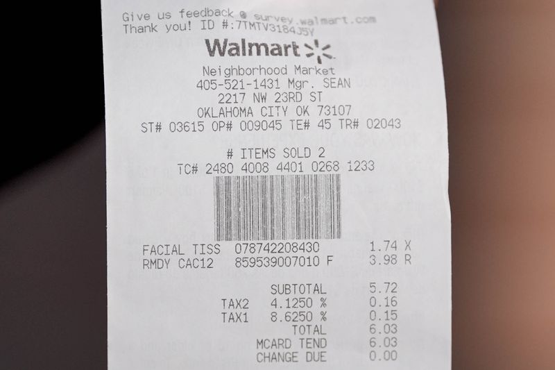 A grocery receipt is pictured with new taxes in Oklahoma City, on Thursday, Aug. 29, 2024.