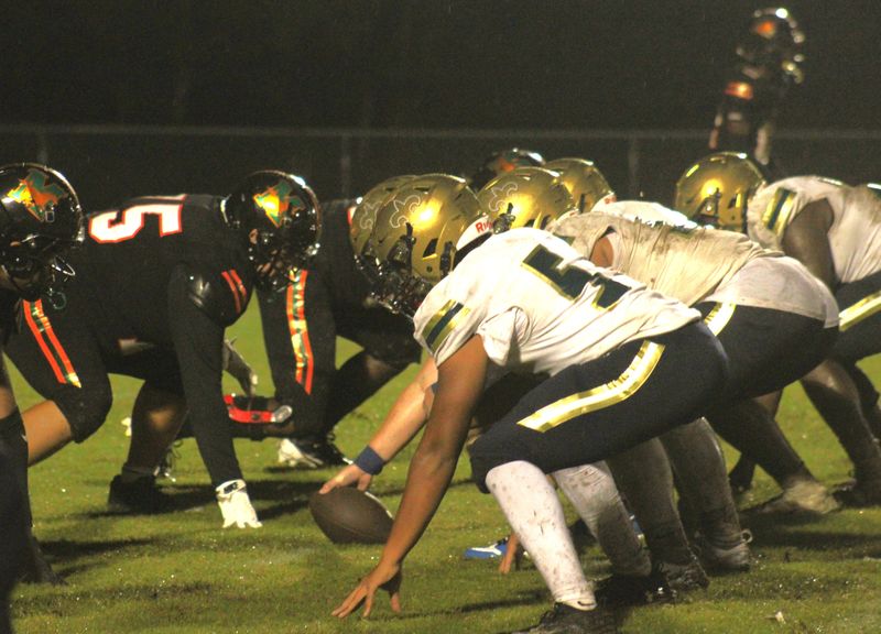Mandarin and Sandalwood linemen face off across the line of scrimmage during a high school football game on September 6, 2024. [Clayton Freeman/Florida Times-Union]
