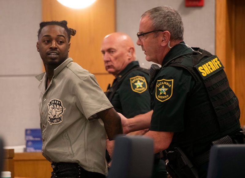 Jovon Booker is taken into custody following a hearing before Circuit Judge John Simon on Wednesday, Sept. 11, 2024. Booker is accused of shooting a 36-year-old multiple times at Pensacola nightclub Paparazzi Bistro & Lounge on May 12, 2024.
.