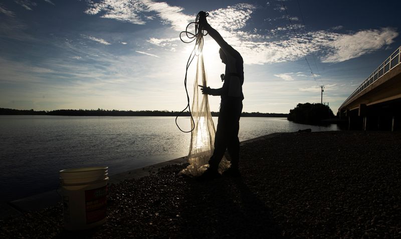 A fisherman tries his luck from sea wall under a bridge on the way to Chokoloskee on Wednesday, Sept. 11, 2024. Everglades National Park borders the small island community known for fishing and tourism.
