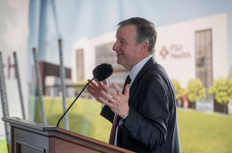 FSU President Richard McCullough speaks at a ground breaking event of FSU's new academic health center done in partnership with Tallahassee Memorial Hospital (TMH) Thursday, Sept. 12, 2024.